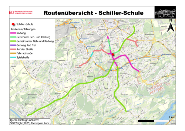 Die Karte zeigt alle empfohlenen Routen zur Schiller-Schule. Die Farbe der der Abschnitte zeigt Art der Radverkehrsführung.
