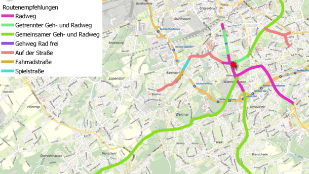 Die Karte zeigt alle empfohlenen Routen zur Schiller-Schule. Die Farbe der der Abschnitte zeigt Art der Radverkehrsführung.