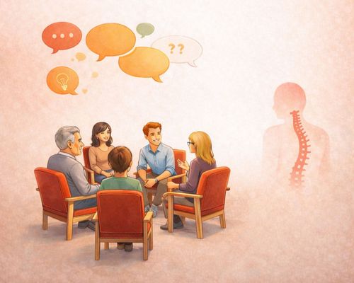 Symbolhafte Darstellung einer Gruppendiskussion - in gezeichnetem Stil