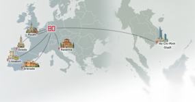 Karte von Europa und Südostasien die Partneruniversitäten des Fachbereich B der HSBO illustrativ darstellt
