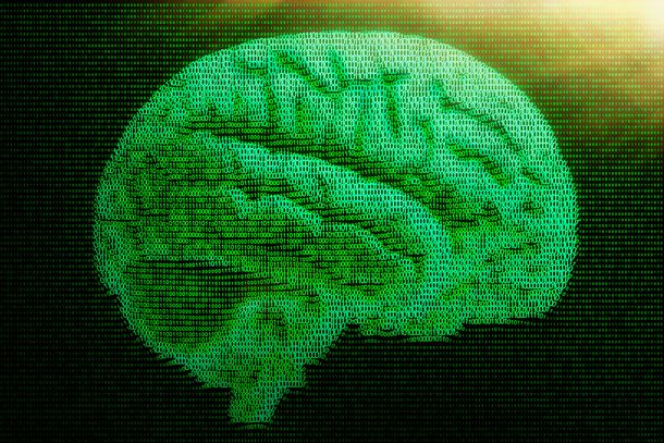 Ein menschliches Gehirn, das aus Binärcode in Neongrün erstellt wurde, vielleicht die Form der Zukunft. Ein menschliches Gehirn, das aus Binärcode in Neongrün erstellt wurde, vielleicht die Form der Zukunft.