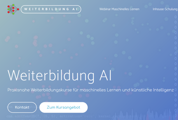 Kurangebot auf blauem Hintergrund zum Thema Weiterbildung AI - Praxisnahe Weiterbildungskurse für maschinelles Lernen und künstliche Intelligenz