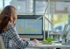 Windkraftanlage vor Energiedaten am Computer