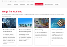 Screenshot der Website des International Office der HSBO (Unterseite "Wege ins Ausland")