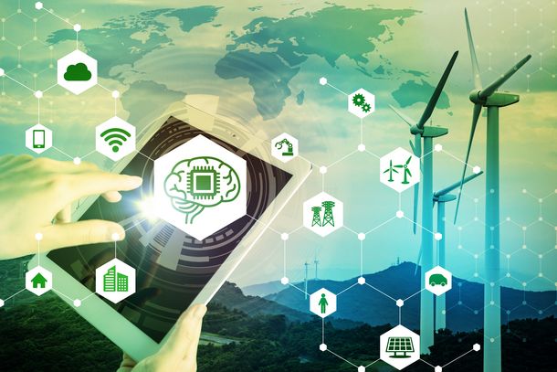 KI (Künstliche Intelligenz) und Smart-Energie mittels Tablett. Abstrakte Mischtechnik von Technologien. KI (Künstliche Intelligenz) und Smart-Energie mittels Tablett. Abstrakte Mischtechnik von Technologien.