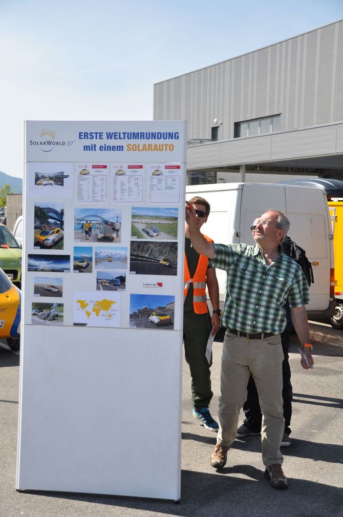 Eine Besichtigung des Standes, der in Bildern die Entwicklung der Bochumer Solarwagenmanufaktur und die Tour um den Globus zeigt