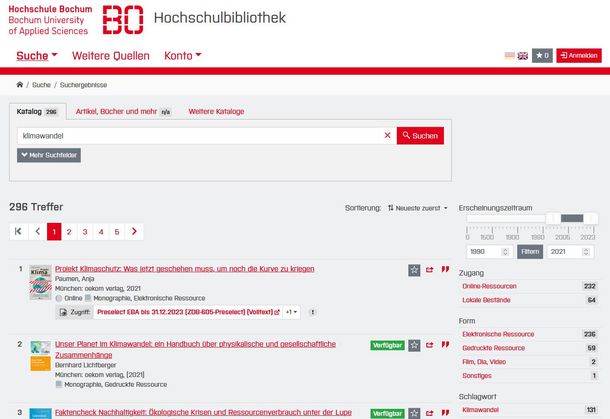 Screenshot der Seite Katalog Plus Suche
