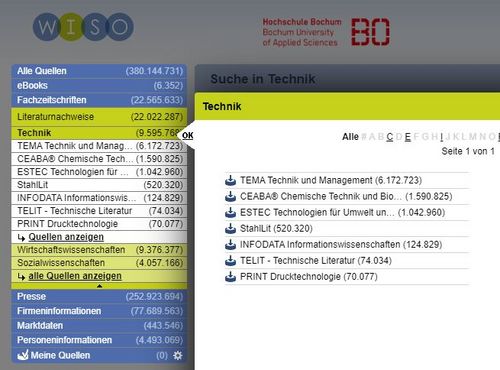 Screenshot Menü wiso Teildatenbank Technik