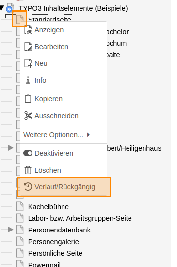 Änderungsverlauf bei Seiten aufrufen