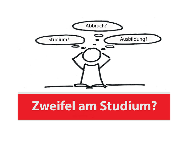 Verunsicherte Person mit drei Denkblasen: Studium? - Abbruch? - Ausbildung?