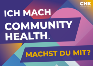 Dekoratives Bild mit der Aufschrift "Ich mach Community Health. Machst du mit?" und dem Logo der Community Health Konferenz Bochum.