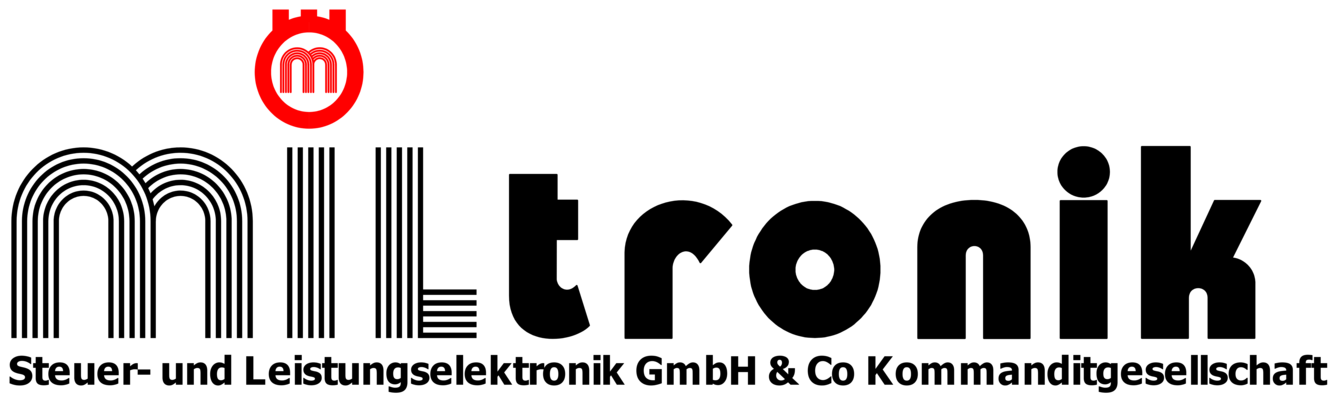 Logo Miltronik mit Buchstaben in Linienform vorne und schwarzer dicker Schrift hinten, über dem I ist als I-Punkt ein roter Kreis mit einem M drin enthalten Logo Miltronik mit Buchstaben in Linienform vorne und schwarzer dicker Schrift hinten, über dem I ist als I-Punkt ein roter Kreis mit einem M drin enthalten