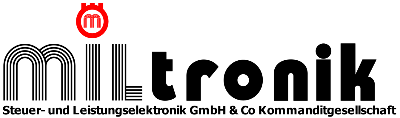 Logo Miltronik mit Buchstaben in Linienform vorne und schwarzer dicker Schrift hinten, über dem I ist als I-Punkt ein roter Kreis mit einem M drin enthalten