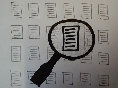 Zeichnung: eine Lupe die ein Dokument unter vielen hervorhebt