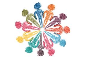 Bunte Zeichnungen von Menschen in einem Kreis, mit den Füßen zur Mitte stehend Bunte Zeichnungen von Menschen in einem Kreis, mit den Füßen zur Mitte stehend