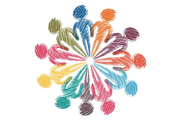 Bunte Zeichnungen von Menschen in einem Kreis, mit den Füßen zur Mitte stehend Bunte Zeichnungen von Menschen in einem Kreis, mit den Füßen zur Mitte stehend