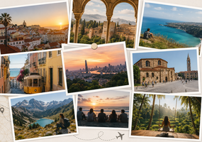 Collage von Bilder aus Auslandsaufenthalten vergangener Studierender (unter anderem Spanien, Portugal, Italien)