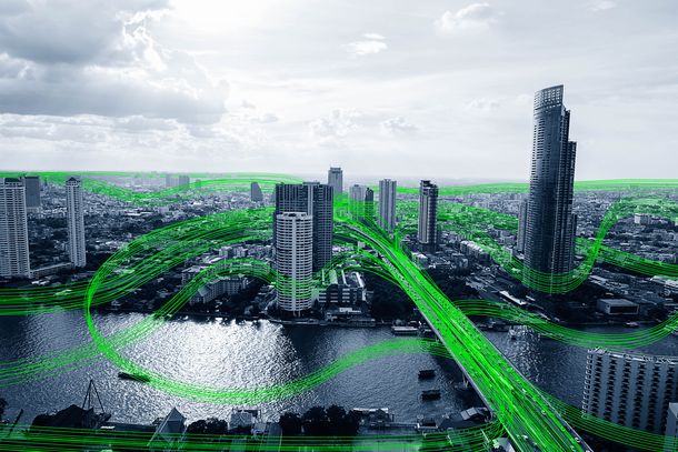 Schwarz / weiß Smart-City mit Datenflusskommunikationsnetz, Kommunikationstechnologie-Konzept Schwarz / weiß Smart-City mit Datenflusskommunikationsnetz, Kommunikationstechnologie-Konzept