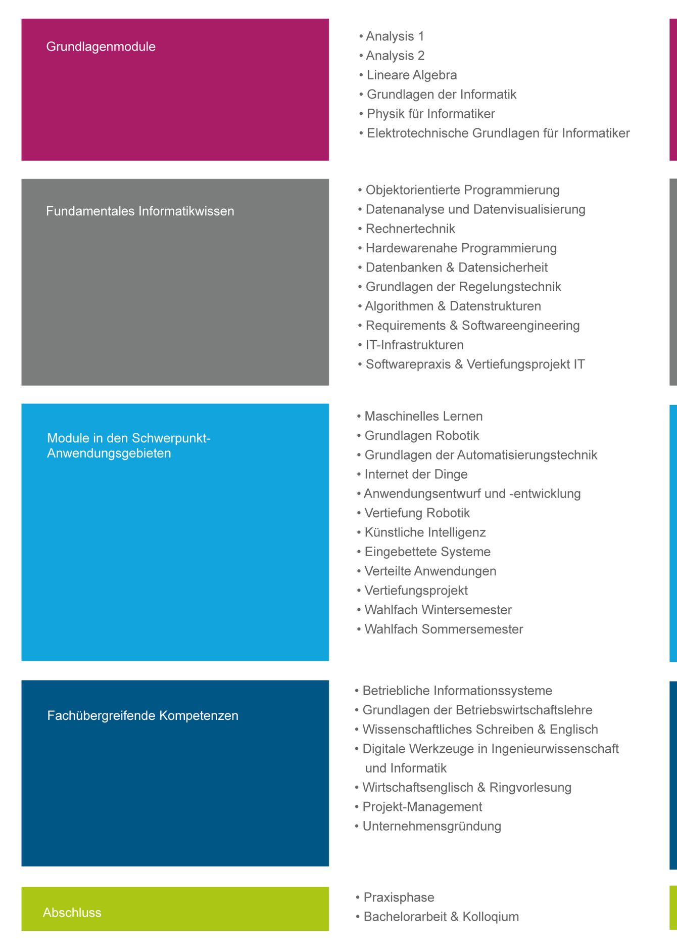 Studienmodule Angewandte Informatik in den Bereichen naturwissenschaftliche Grundlagen, fundamentales Informatikwissen, Module in den Schwerpunktgebieten, fachübergreifende Kompetenzen und Abschlussarbeit