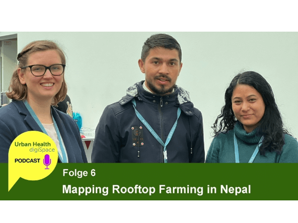 Mapping Rooftop Farming in Nepal Zu sehen sind die Gäste Dr. Rehana Sherestha von der University of Bremen, Germany, Narayan Thapa vom International Centre of Integrated Mountain Research, Nepal und die Moderatorin Johanna Rolf von der HS Gesundheit, Bochum.