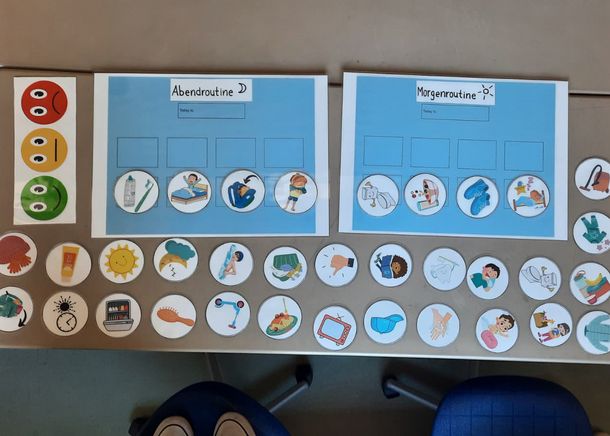 Strukturierte Hilfsmittel der Ergotherapie: Gemeinsam stellen die Studentinnen in der Schule visuelle Tagespläne mit Bilderkarten für die Morgen- und Abendroutine vor. Die Pläne können Kindern Sicherheit und Orientierung geben.