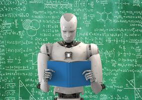 3D-Darstellung eines Roboters in Gestalt eines Menschen beim Lesen eines Buches