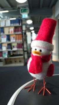 Deko Weihnachtsvogelfigur vor den Bibliotheksregalen